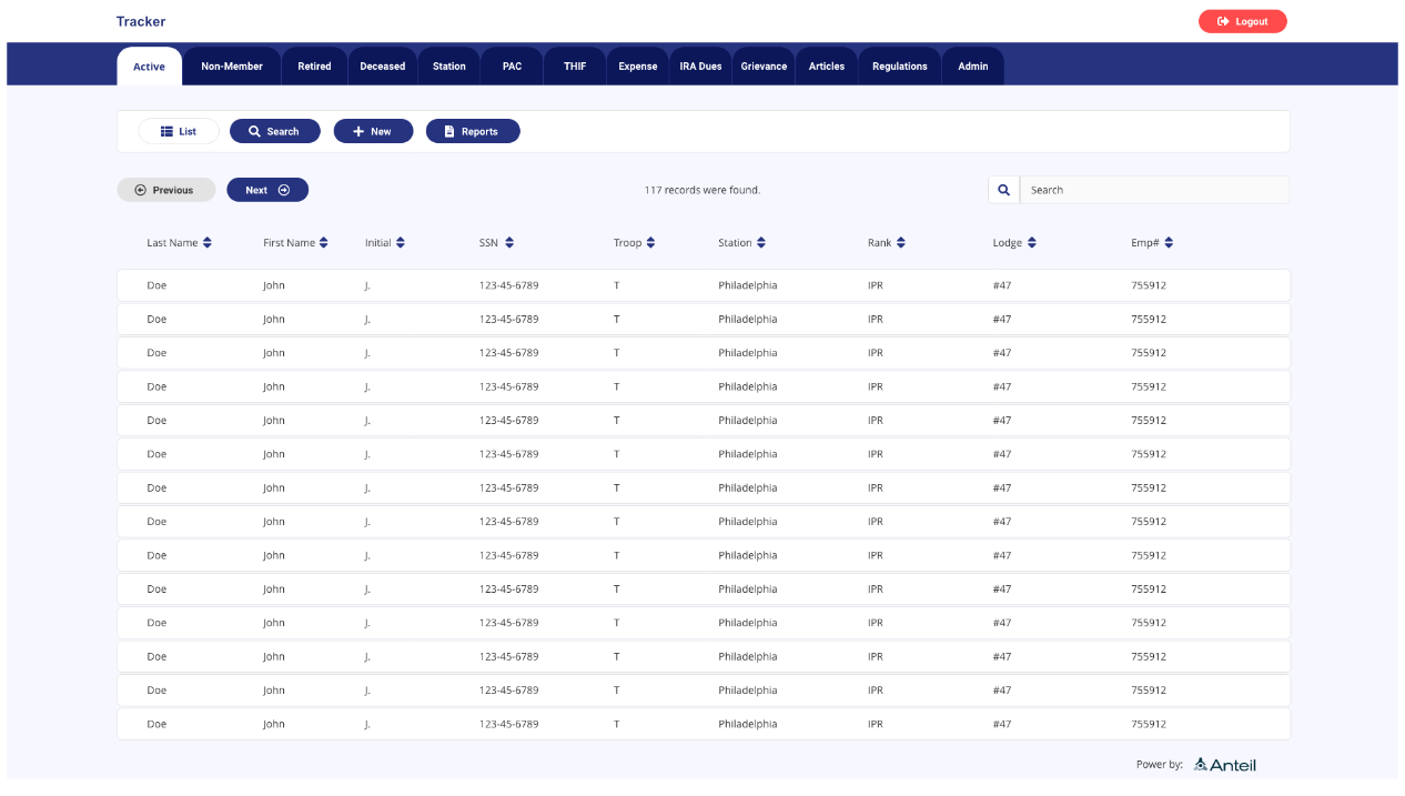 An application example listing members of an organization.